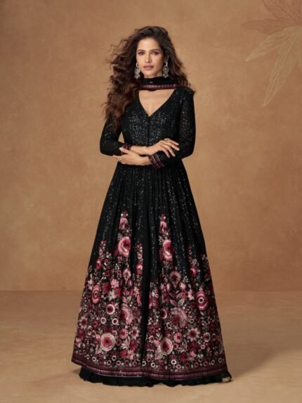 Real Georgette Party Wear Gown In Black Color with Embroidery Work