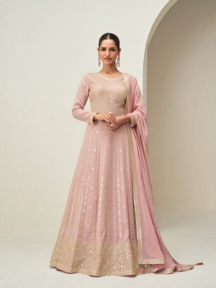 Real Georgette Party Wear Gown In Pink Color with Embroidery Work