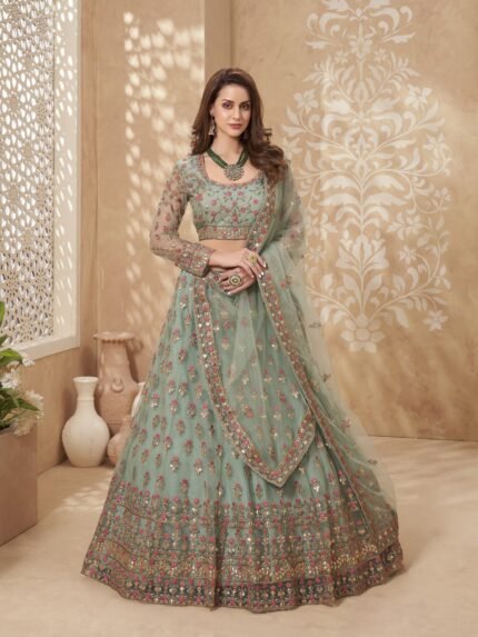 Soft Premium Net Fabrics Wedding Lehenga in Glacial Green Color With Embroidery Work