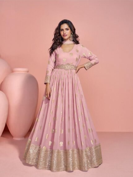 Real Georgette Party Wear Gown In Pink Color with Embroidery Work