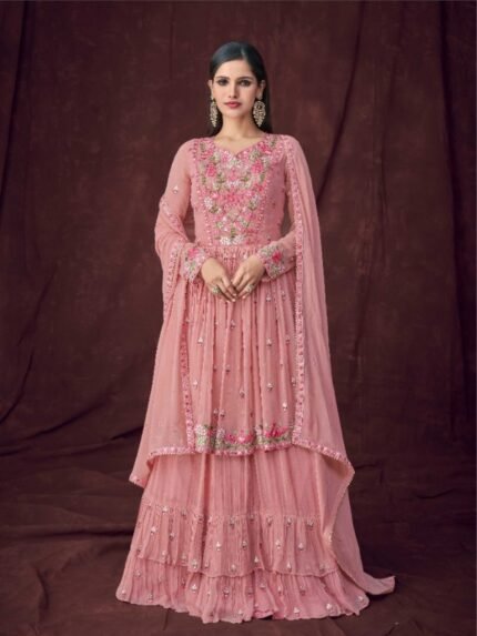 Pure Geogratte Party Wear Sharara in Pink Color with Embroidery Work