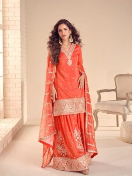 Real Simar Silk Party Wear Sharara Orange Color with Embroidery Work